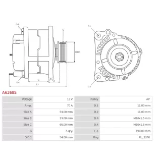 Alternateur 12V 70Amp AS-PL A6268S, UD19330A, UD19542A
