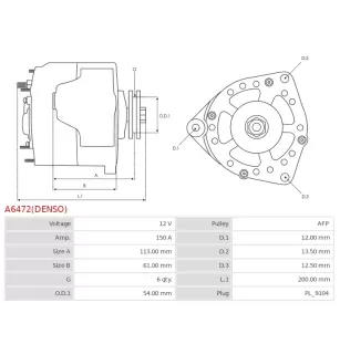 Alternateur 12V 150Amp AS-PL A6472(DENSO), UD804954(DENSO)A, CARGO 116649, DELCO DRA1395, RAA12406