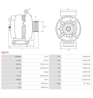 Alternateur 12V 220Amp AS-PL A6274, UD11455A, UD13830A, CARGO 115749