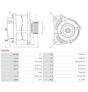 Alternateur 12V 130Amp AS-PL UD15393A, DELCO DA2473, DRA1363, DENSO 104210-1070, SUZUKI 31400-59L00, 31400-59L01