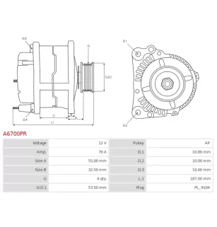 Alternateur 12V 70Amp BOSCH 0986080490, CARGO 114899, DENSO 102211-8220, FIAT 46554402, 46554405, 46813065, 46816029, 46843093