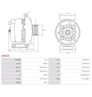Alternateur 12V 180Amp AS-PL A6602S, UD20713A, DENSO 421000-7181, DIXIE A-80835