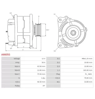 Alternateur 12V 50Amp AS-PL UD16859A, BOSCH 0986032591, CARGO 110138, CATERPILLAR 4N4540, DAIHATSU 27020-13010-000
