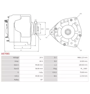 Alternateur 24V 60Amp AS-PL UD19580A, CARGO 114364, CATERPILLAR 0R9437, 3E7772, OR9437, DELCO DA1371, DRA0261