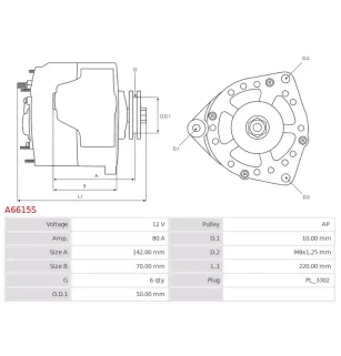 Alternateur 12V 80Amp AS-PL A6615S, UD16887A, DELCO DA4768, DRA3658, DENSO 100213-2320, 100213-2540, LAND ROVER GNU2396