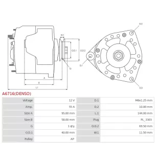 Alternateur 12V 55Amp AS-PL UD810271(DENSO)A, CATERPILLAR 0R-9698