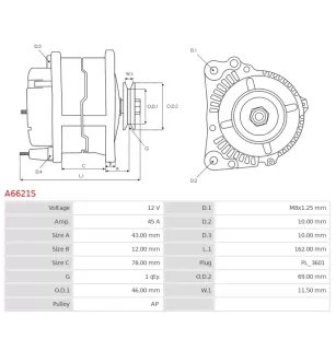 Alternateur 12V 45Amp AS-PL UD16870A, CARGO 110138, CASE 6008132753, CATERPILLAR 4N4540, DAIHATSU 27020-13010-000