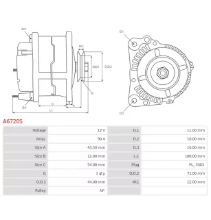 Alternateur 12V 90Amp CATERPILLAR 1449964, DENSO 102211-1820, CASCO CAL40580AS, KUHNER 556143RI, PSH 645.515.090.050