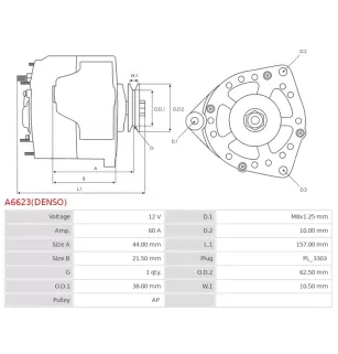 Alternateur 12V 60Amp AS-PL UD810104(DENSO)A, DENSO 021080-1190