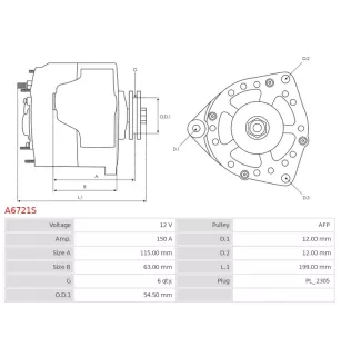 Alternateur 12V 150Amp AS-PL UD19432A, DELCO DA2598, DRA1488, DENSO 104211-8660, DAN1146, FIAT 51929089, 71796434