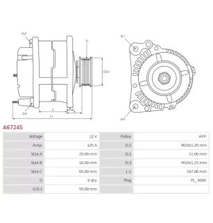 Alternateur 12V 125Amp AS-PL UD19681A, DENSO 104211-3541, TOYOTA 27060-0V170, WAI / TRANSPO 14486N, 14486R