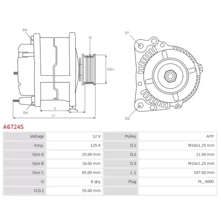 Alternateur 12V 125Amp AS-PL UD19681A, DENSO 104211-3541, TOYOTA 27060-0V170, WAI / TRANSPO 14486N, 14486R