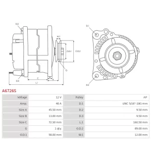 Alternateur 12V 40Amp AS-PL A6726S, UD21265A, CATERPILLAR 0R9996, 7N-4784, 7N-4787, 7N-6118, DELCO DA1369, DRA0259