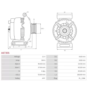 Alternateur 12V 100A Toyota A6730S UD19683A