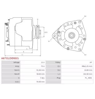 Alternateur 12V 75Amp AS-PL UD810082(DENSO)A, DENSO DAN1357