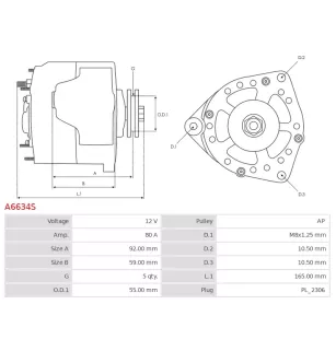 Alternateur 12V 80Amp AS-PL A6634S, UD18537A, DENSO 104210-9620, 104210-9940, SUZUKI 31400-58M00, 31400-66M00