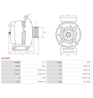 Alternateur 12V 170Amp AS-PL UD100766A, DENSO 104211-0670, 104211-0671, ELSTOCK 28-7905, GM 23272782, LUCAS LRA04296, LRA4296