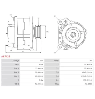 Alternateur 12V 100A Toyota UD100768A 104211-3750