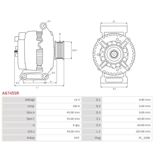 Alternateur 12V 100Amp DENSO 101210-0960, OPEL 13222935, 13256932, 6204258, 6204283, ELSTOCK 28-5677, LUCAS LRA03065, LRA3065