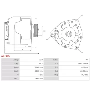 Alternateur 12V 80Amp AS-PL UD101015A, DENSO 104210-8030, TOYOTA 27060-75280, KRAUF ALN2564