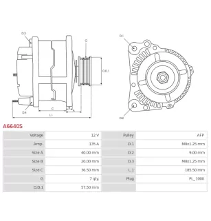 Alternateur 12V 135Amp AS-PL UD18582A, DELCO DA3168, DRA2058, DENSO 104211-3710, HONDA 31100-59B-003, 31100-59B-003RM