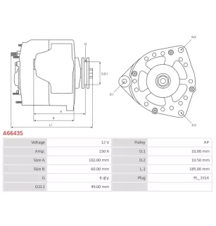 Alternateur 12V 150A Denso A6643S UD18583A