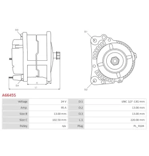 Alternateur 24V 95Amp AS-PL A6645S, UD18519A, UD21022A, CARGO 115385, CATERPILLAR 0R4841, 10R9789, 10R9790, 1693345, 1779953