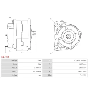 Alternateur 24V 50Amp AS-PL A6757S, UD21384A, UD21385A, CATERPILLAR 0R3667, 0R3669, 1005045, 1005047, 6S9088, 6T7223, 7T6173