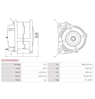 Alternateur 12V 65Amp AS-PL UD805023(DENSO)A, BOSCH F042208023, CATERPILLAR 225-3141, DELCO DRA0025, DENSO 102211-8160