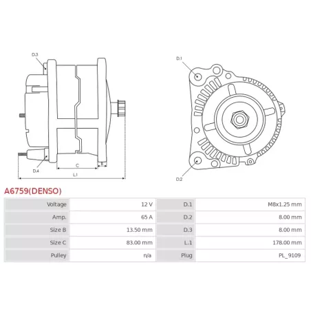 Alternateur 12V 65Amp AS-PL UD805023(DENSO)A, BOSCH F042208023, CATERPILLAR 225-3141, DELCO DRA0025, DENSO 102211-8160