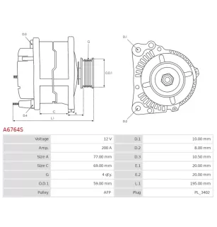 Alternateur 12V 200Amp AS-PL UD101266A, DELCO DRA1930, DENSO 104210-6910, 104211-0760, 104211-0761, FORD 2015272, FR3T-10300-FA