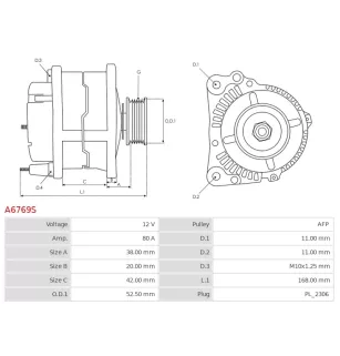 Alternateur 12V 80Amp AS-PL UD101273A, DENSO 104211-2071, TOYOTA 27060-0C110, KRAUF ALN2642, PSH 195.305.080.260