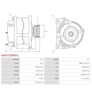 Alternateur 12V 70A Denso UD810114 DA5216