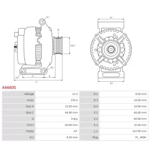 Alternateur 12V 150Amp AS-PL UD19346A, DELCO DRA1088, DENSO 021080-1220, 104210-5570, 104210-5571, 104210-5572, 104210-5573