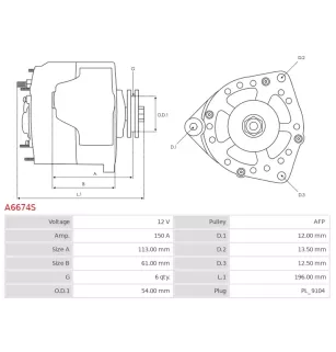Alternateur 12V 150A Denso A6674S UD19348A