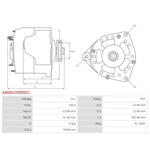 Alternateur 12V 150Amp AS-PL UD810086(DENSO)A, DENSO 021080-2320