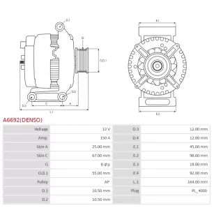 Alternateur 12V 150A Denso UD805267 DA2874