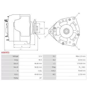 Alternateur 12V 90Amp AS-PL UD19581A, CATERPILLAR 0R4328, 105-2813