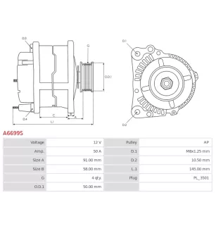 Alternateur 12V 50Amp AS-PL UD21150A, DAIHATSU 27060-87605, 27060-87606, 27060-87606-000, 27060-87608, 27060-87714