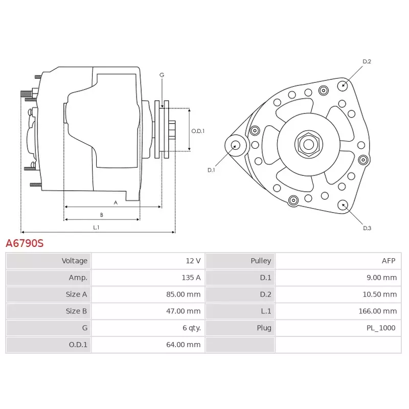 Alternateur 12V 135A Denso A6790S UD101944A