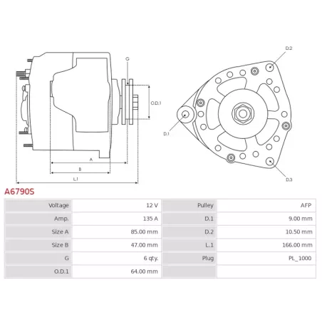 Alternateur 12V 135Amp AS-PL A6790S, UD101944A, DENSO 104210-1890, HONDA 31100-R8A-A01, 31100-R8A-A01RM, KRAUF ALN3008