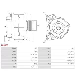 Alternateur 12V 136Amp AS-PL UD90233A, CARGO 113362, CHRYSLER 56027221AB, DENSO 121000-4280, 121000-4281, 3EFFE ALTF945