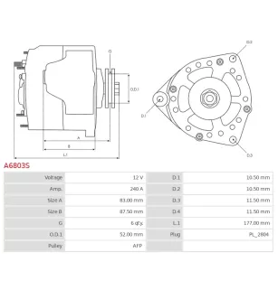 Alternateur 12V 240Amp AS-PL UD101946A, CHRYSLER 56029803AA, DENSO 421000-7231, KRAUF ALN4133, PSH 835.379.240.260