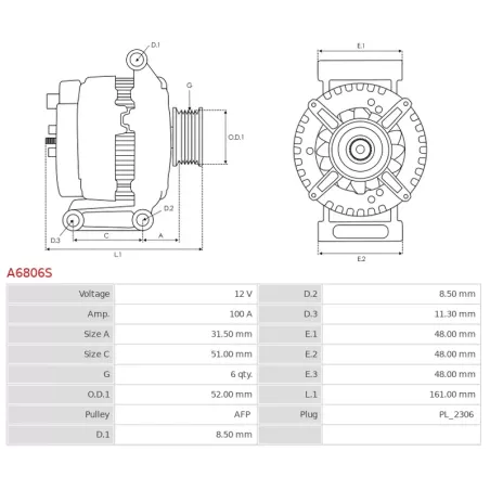 Alternateur 12V 100Amp AS-PL UD102087A, DENSO 104211-3930, 104211-4330 , TOYOTA 27060-47190, 27060-47191, KRAUF ALN4254