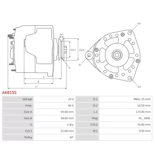 Alternateur 24V 60Amp AS-PL UD102245A, CARGO 114363, F032114363, DENSO 101211-7910, 102211-4140, TOYOTA 27060-58260, 2706078101