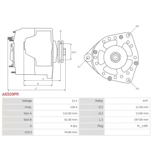 Alternateur 12V 120Amp BOSCH 0986084720, CARGO 116094, DELCO DA2561, DRA1451, DENSO 101210-1710, 101210-1711, 101210-1712