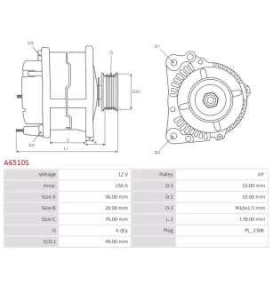 Alternateur 12V 150A Denso A6510S UD15190A