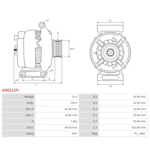 Alternateur 12V 110Amp BOSCH 0986045370, CARGO 113913, DELCO DB6480, DB6480N, DRB5370, DRB5370N, RAA27481, FORD 1498518