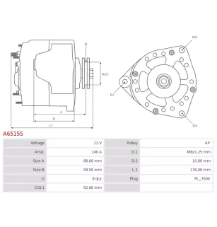 Alternateur 12V 140A Denso A6515S UD90127A