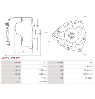 Alternateur 12V 95Amp AS-PL UD01574A, CARGO 114514, ISKRA / LETRIKA 11.201.830, AAK5157, IA0830, MAHLE MG 108